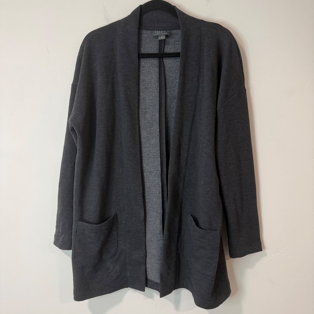 Free Fly Womens Bamboo Fleece Cardigan XL Charcoal Gray Open Front Pocketed